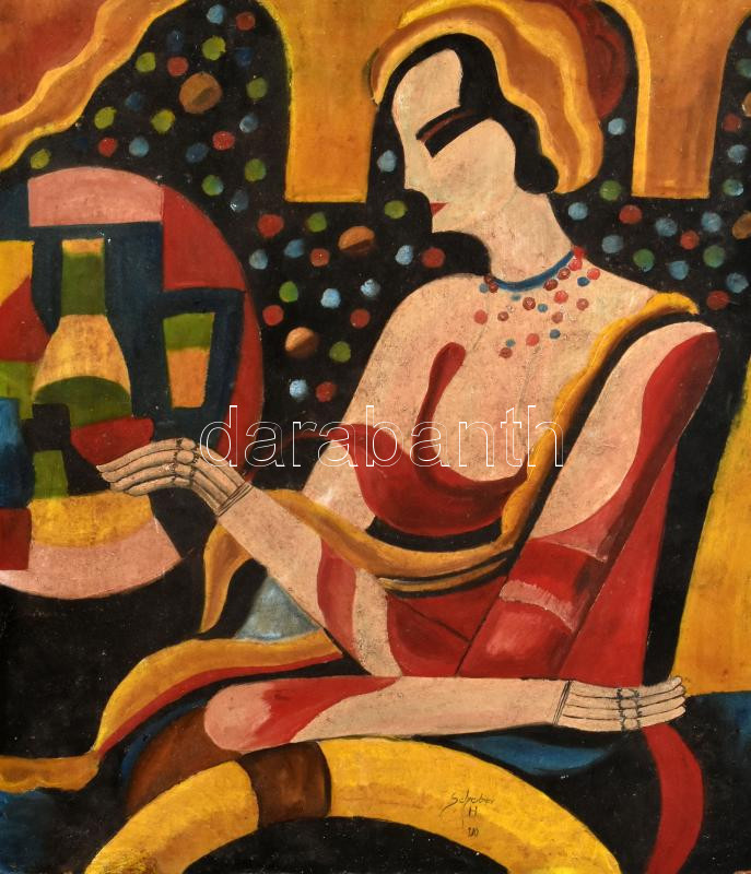Scheiber H. 930 jelzéssel: Art Deco hölgy. Olaj, karton, kis sérüléssel, 56x48 cm - Image 2