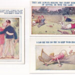 Tennis Comic - 5 db régi amerikai tenisz humor képeslap / 5 pre-1945 American sport postcards