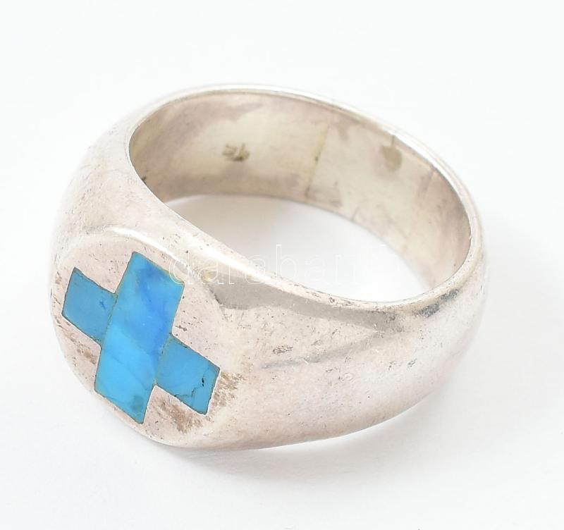 Ezüst (Ag) kék berakásos keresztes gyűrű, jelzett, méret: 60, nettó: 11,5 g