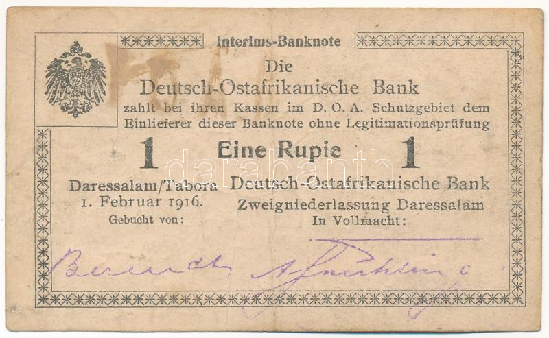 Német Kelet-Afrika 1916. 1R T:F fo. German East Africa 1916. 1 Rupie C:F spotted Krause P#19