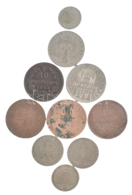 10db-os vegyes, gyenge tartású görög és olasz érmetétel, közte Olaszország 1893BI 10c Cu 'I. Umberto' T:VF,F patina, karc 10pcs of mixed greek and italian coin lot in poor condition, in it Italy 1893BI 10 Centesimi Cu 'Umberto I' C:VF,F