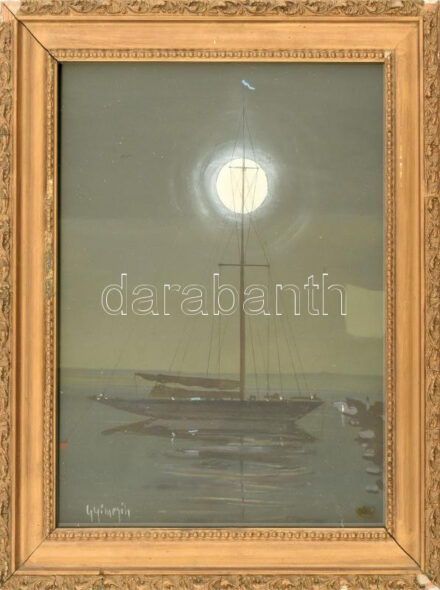 Gyimesi Lajos (1919-1997): Csend (Vitorlás holdfényben). Olajtempera, farost, jelzett. Dekoratív, üvegezett fakeretben, 33×26 cm