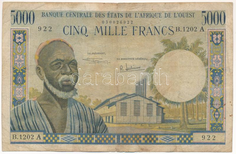 Nyugat Afrikai Államok / Elefántcsontpart DN (1974.) 5000Fr T:F,VG kis beszakadások Western African States / Ivory Coast ND (1974.) 5000 Francs C:F,VG small tears Krause P#104A