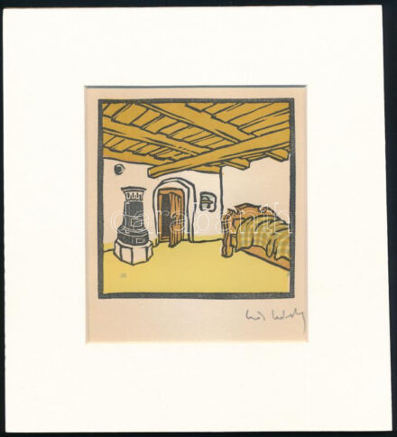 Kós Károly (1883-1977): Erdélyszéli kisnemesi porta szobája. Linómetszet, papír, utólagos jelzéssel, paszpartuban, 10×10 cm