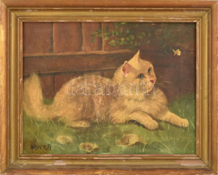 Heyer A jelzéssel: Cica. Olaj, vászon. Dekoratív, kissé sérült fakeretben, 32,5×42,5 cm