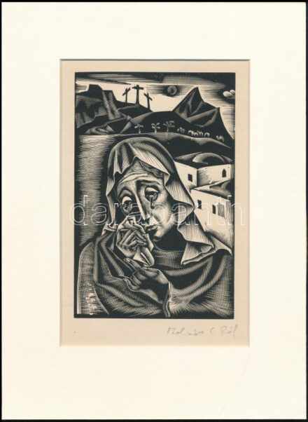 Molnár C. Pál (1894-1981): Siralom, fametszet, papír, paszpartuban, utólagos jelzéssel, 17×11 cm