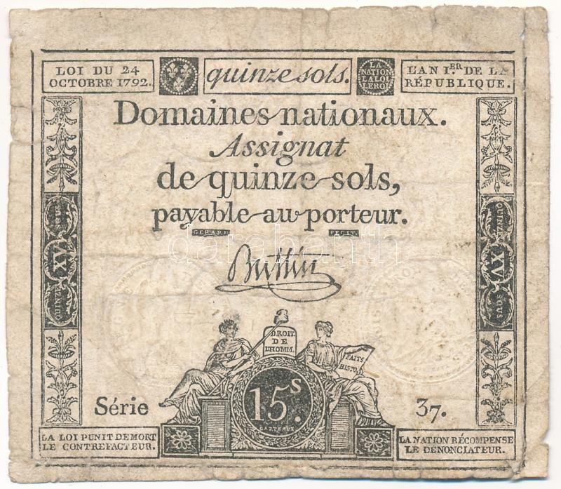 Franciaország 1792. 15s 'Assignata' T:VG France 1792. 15 Sol 'Assignata' C:VG Krause P#A65a.1