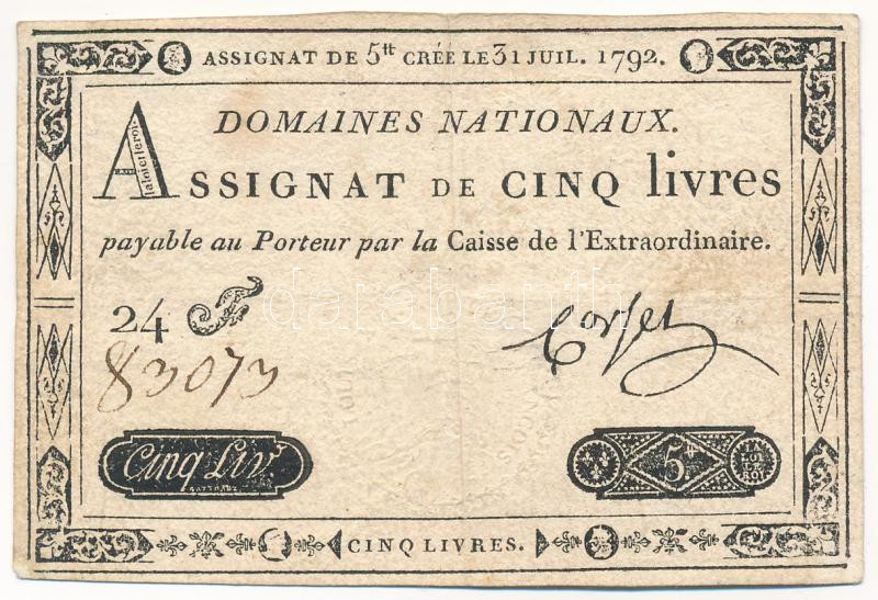 Franciaország 1792. 5L 'Assignata' T:F France 1792. 5 Livres 'Assignata' C:F Krause P#A61