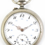 Ezüstözött mechanikus zsebóra, működik, d: 48 mm