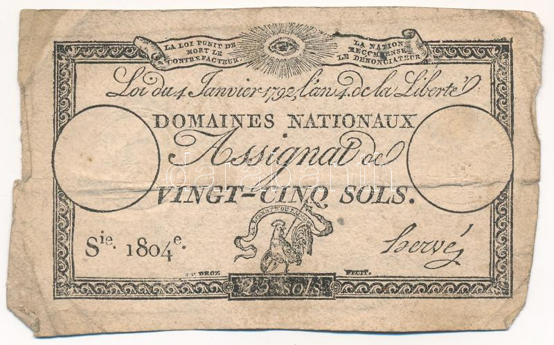 Franciaország 1792. 25s 'Assignata' T:F,VG France 1792. 25 Sols 'Assignata' C:F,VG Krause P#A55