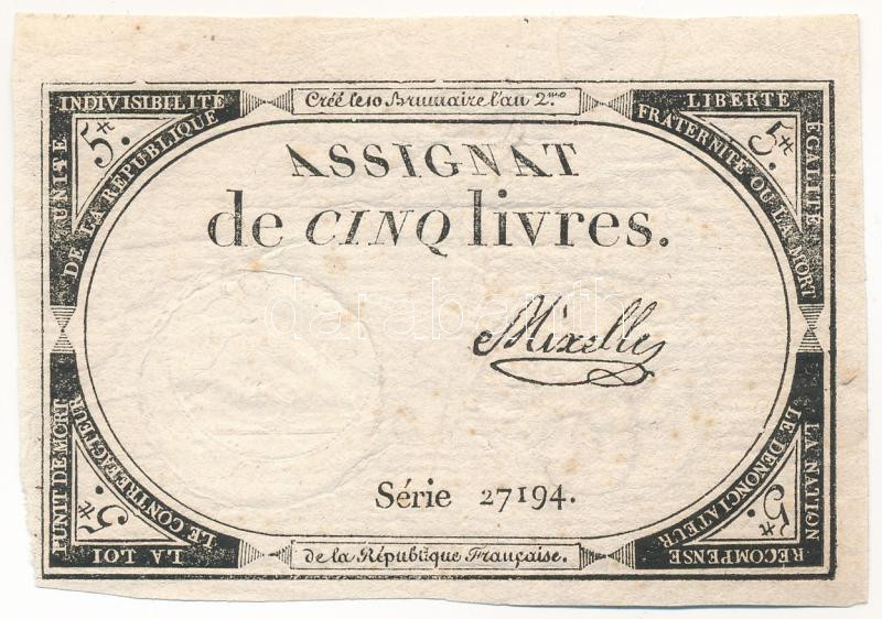 Franciaország 1793. 5L 'Assignata' T:F France 1793. 5 Livres 'Assignata' C:F Krause P#A76