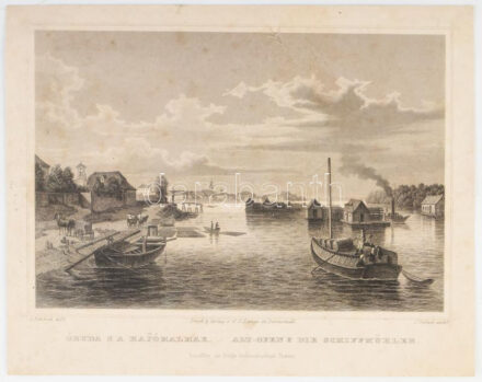 cca 1860 Ludwig Rohbock (1820-1883)-Julius Umbach (1815-1877): Óbuda s a hajómalmak (hajómalom ) , Pest, Lauffer és Stolp, acélmetszet, jelzett a dúcon, 12x17 cm,
