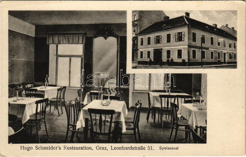 Graz, Hugo Schneider's Restauration, Speisesaal. Leonhardstrasse 51. / restaurant interior, dining hall (EK)