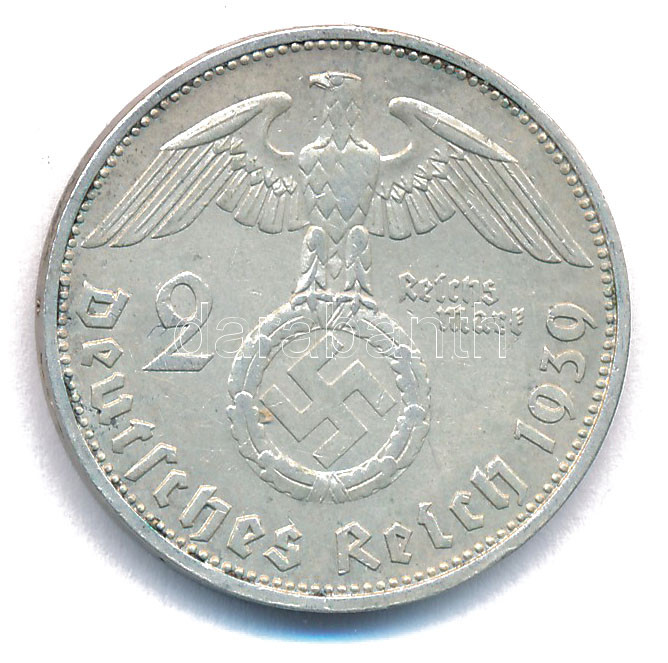 Német Harmadik Birodalom 1939F 2M Ag 'Hindenburg' T:XF,VF German Third Reich 1939F 2 Mark Ag 'Hindenburg' C:XF,VF Krause KM#93 - Image 2