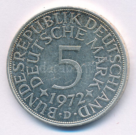 NSZK 1972D 5M Ag T:XF felszíni karc, kis patina FRG 1972D 5 Mark Ag C:XF surface scratch, small patina Krause KM# 112.1
