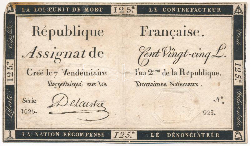 Franciaország 1793. 125L 'Assignata' T:F,VG France 1793. 125 Livres 'Assignata' C:F,VG Krause P#A74