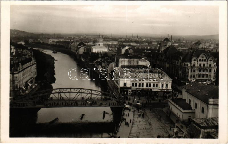 Nagyvárad, Oradea; látkép a várossal, híd, zsinagóga, cukrászata, Friedmann Dezső, Czillér Imre, Herskó József és Deutsch üzlete / bridge, river, synagogue, shops
