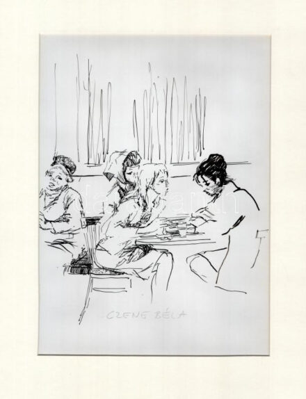 Czene jelzéssel: Társalgás, tus papír, paszpartuban, 29×21 cm