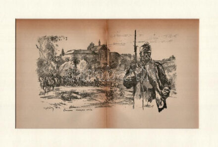 Vadász Endre (1901-1944): Őrszem,litográfia, papír, jelzett a litográfián, hajtott, szakadással, paszpartuban, 18×24 cm