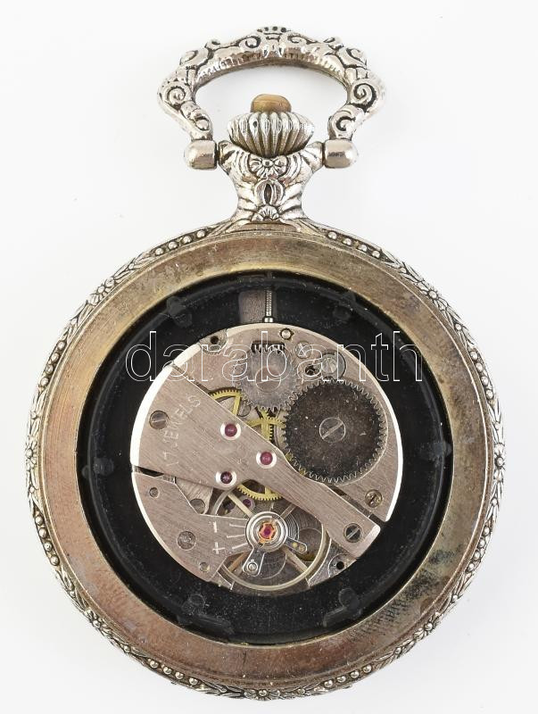Ezüstözött Henry Castignac mechanikus, szarvasos zsebóra, működik, m: 46 mm - Image 4