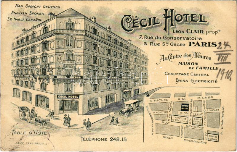 1910 Paris, Cécil Hotel Léon Clair pro.re / map (EK)
