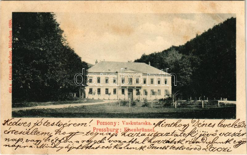 1898 (Vorläufer) Pozsony, Pressburg, Bratislava; Vaskutacska, Ferdinánd király vasfürdő. Ottmar Zieher 1898. / Eisenbrünnel (Eisenbründl), König Ferdinand Eisenbad / Zelezná Studienka / spa, bathhouse (vágott / cut)