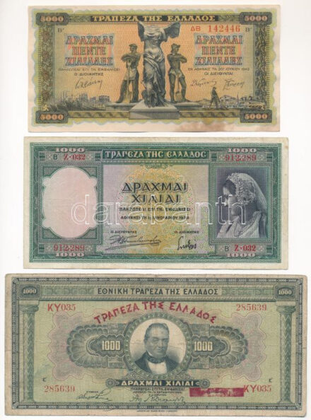 Görögország 1926. 1000Dr + 1939. 1000Dr + 1942. 5000Dr T:F,VG Greece 1926. 1000 Drachmai + 1939. 1000 Drachmai + 1942. 5000 Drachmai C:F,VG