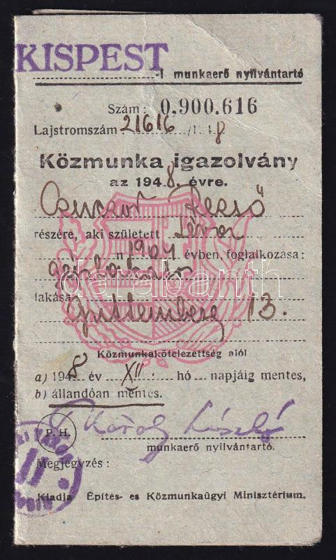 1948 Kispest, közmunka igazolvány