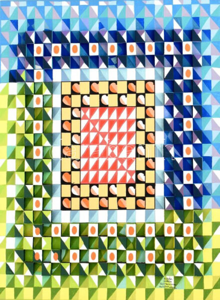 Sugár Gábor (1976- ): Axo 2. Akril, foamix, vászon, jelzett, hátoldalán autográf felirattal és a művész bélyegzőjével, 70×50 cm