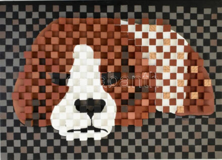 Sugár Gábor (1976- ): Kutyus. Akril, foamix, vászon, jelzett, hátoldalán autográf felirattal és a művész bélyegzőjével, 50×70 cm