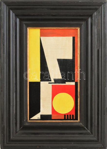 KL jelzéssel: Geometria. Olaj, farost. Dekoratív, kissé sérült fakeretben. 35x19,5 cm.