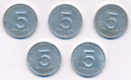 NDK 1948-1953. 5pf Al (5xklf, közte A és E verdejelek) T:XF,VF GDR 1948-1953. 5 Pfennig Al (5xdiff, within A and E mintmarks) C:XF,VF