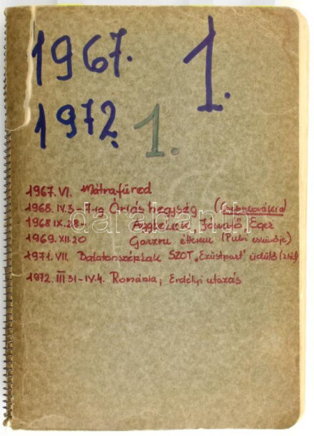 1967-1972 Családi utazások (Mátrafüred, Óriás-hegység, Aggtelek, Balatonszéplak, Erdély), füzet beragasztott fotókkal, helyenként bejegyzésekkel, rajzokkal, stb.; tartalmas, közel a teljes füzet megtöltve.