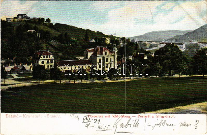 1904 Brassó, Kronstadt, Brasov; Livada postei / Postwiese mit Schlossberg / Postarét, Fellegvár / villa (EK)