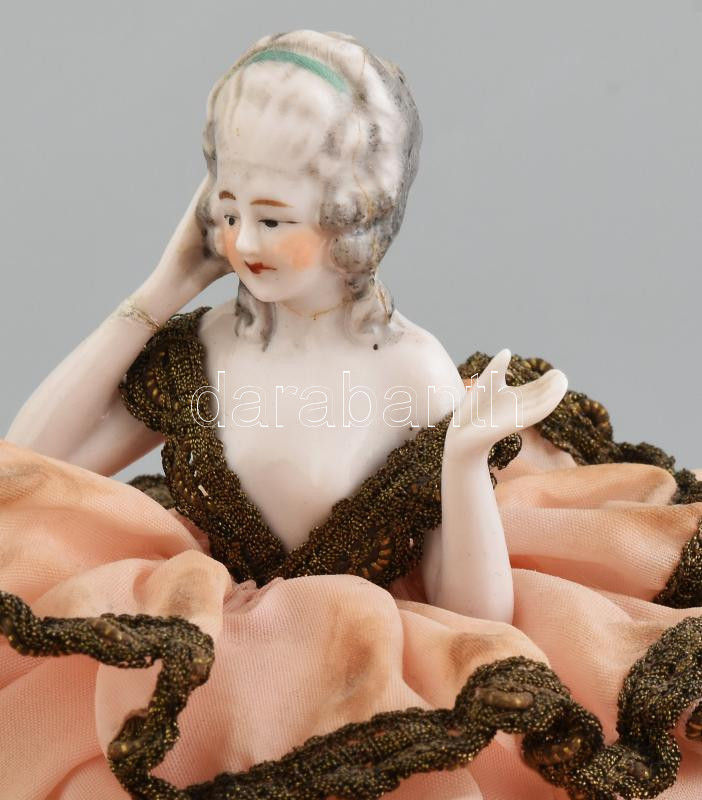 Antik teababa, porcelán, textil, ragasztott sérült, m: 14 cm - Image 2