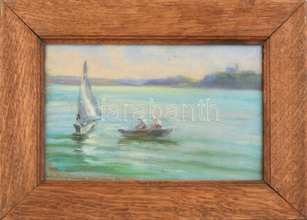 Bertalan Rózsa (1900-1987): Balatonfüredi part vitorlással, 1930-as évek. Pasztell, papír, jelzés nélkül, balra lent autográf, nehezen olvasható datálással, 17x25,5 cm. Üvegezett fakeretben.