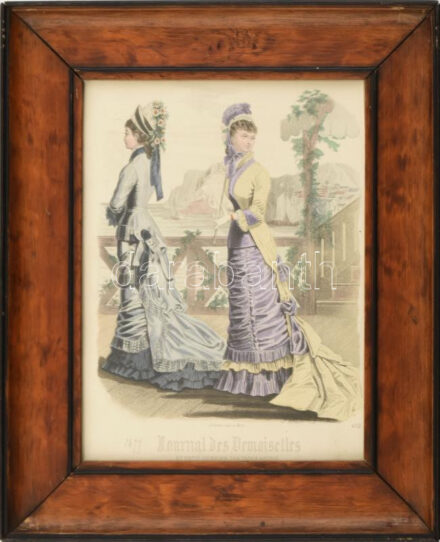 cca 1877 Divatillusztráció a Journal des Demoiselles-ből. Színezett rotációs fametszet, papír. Jelzett a metszeten. 23,5x18 cm. Dekoratív, üvegezett fa keretben.