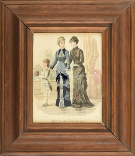 1880 Divatillusztráció a Journal des Demoiselles-ből. Színezett rotációs fametszet, papír. Jelzett a metszeten. 24x18 cm. Dekoratív, üvegezett fakeretben.