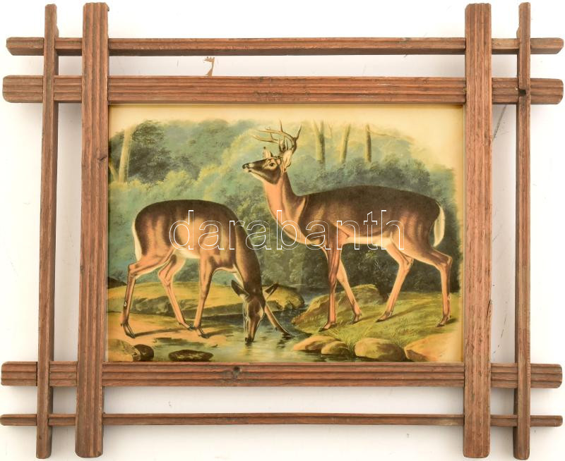 Üvegezett, dekoratív fakeret, régi szarvaspár nyomattal. Belső méret: 25x33 cm
