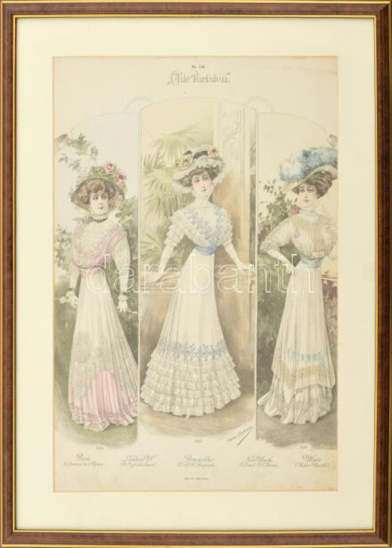 cca 1890-900 'Chic Parisien' No. 118, színes női divatkép. Színezett litográfia, papír, Atelier Bachwitz kiadása. 42x28 cm. Apró sérülésekkel. Dekoratív, üvegezett fakeretben.
