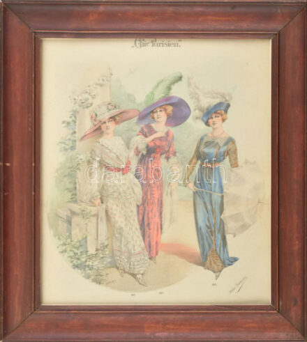 cca 1900-1910 'Chic Parisien', színes női divatkép. Színezett litográfia, papír, Atelier Bachwitz kiadása. 37x31 cm. Dekoratív, üvegezett fakeretben.