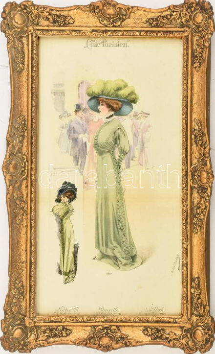 cca 1900-1910 'Chic Parisien' no. 133, színes női divatkép. Színezett litográfia, papír, Atelier Bachwitz kiadása. 39x21 cm. Dekoratív, üvegezett fakeretben.