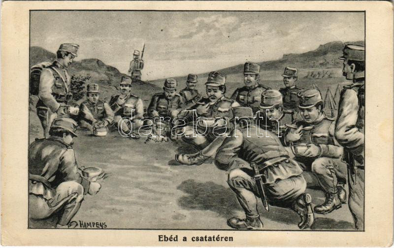 Ebéd a csatatéren / WWI Austro-Hungarian K.u.K. military art postcard s: Hampeys (EK)