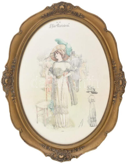 cca 1900-1910 'Chic Parisien' no. 142, színes női divatkép. Színezett litográfia, papír, Atelier Bachwitz kiadása. 38x28 cm. Dekoratív, üvegezett, kissé sérült fakeretben.