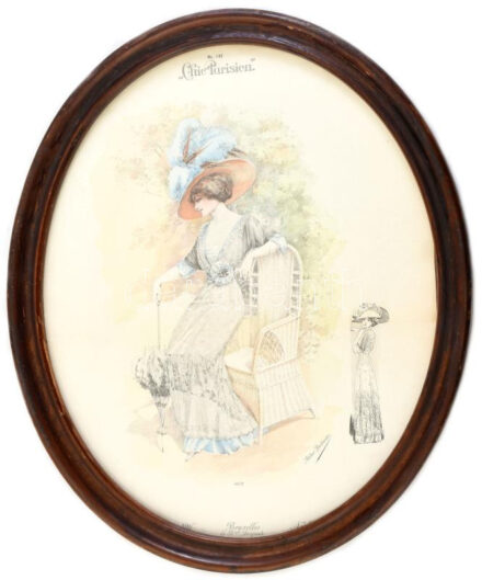 cca 1900-1910 'Chic Parisien' no. 142, színes női divatkép. Színezett litográfia, papír, Atelier Bachwitz kiadása. 40x33 cm. Dekoratív, üvegezett, ovális fakeretben.