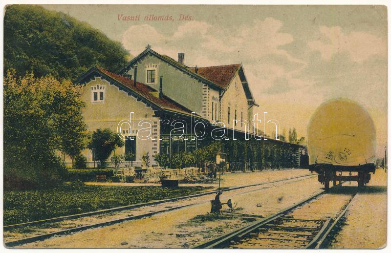 1907 Dés, Dej; vasútállomás, tehervagon. Gálócsi Samu kiadása / railway station, freight waggon (szakadások / small tears)