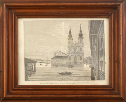 Huszka Lajos (?-?), működött a XIX. sz. második felében: Budai árvízképek. A vízivárosi plébánia-templom a Bombatéren. Rotációs fametszet, papír. Jelzett a metszeten. 18,5x13 cm. Lap széle kissé foltos. Üvegezett, dekoratív