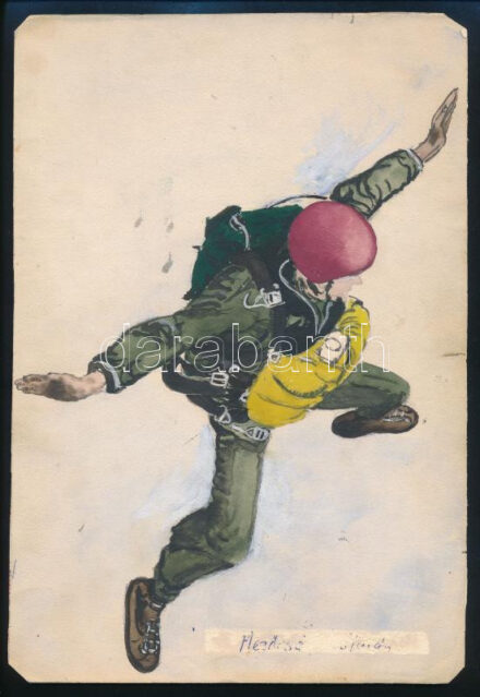 Olvashatatlan jelzéssel (Mezőcsáti Kálmán?): Ejtőernyős. Akvarell, papír, kartonra kasírozva. 28,5x19,5 cm