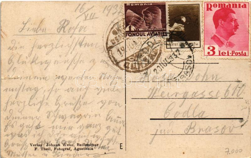 1937 Homoródfürdő, Homoród-fürdő, Baile Homorod; Hunterusfürdő / Honterusbad, Ansicht vom Berge. Verlag Johann Weiss Badbesitzer, F. Theil Fotograf / spa (fa) - Image 2