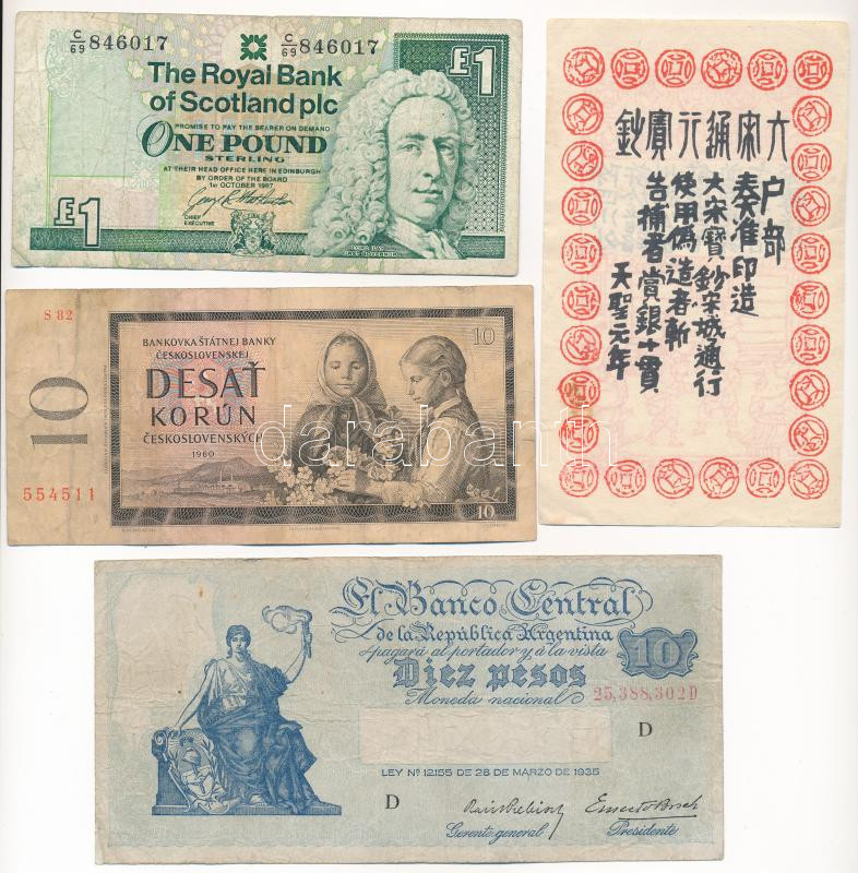 4db-os vegyes bankjegy tétel, közte Argentína, Csehszlovákia, Skócia, valamint egy kínai égetési pénz (?) T:F,VG közte szakadás, folt 4pcs of mixed banknote lot, in it Argentina, Czechoslovakia, Scotland and a Chinese hell money (?)